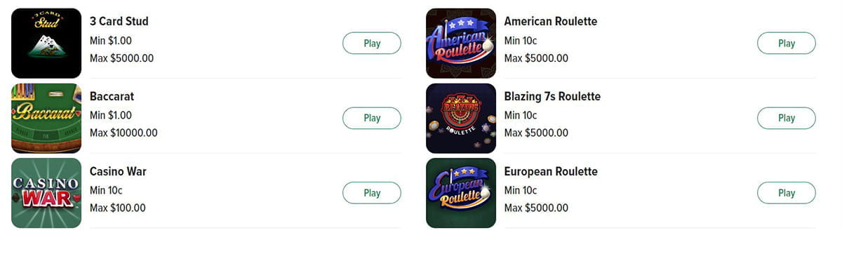 The table games catalogue in Caesars Palace online casino PA