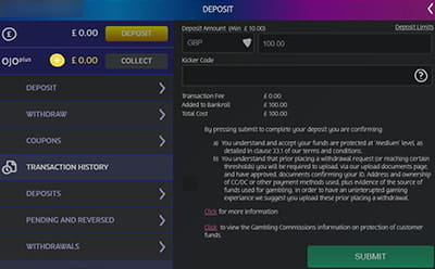 Entering deposit amount and at online casino