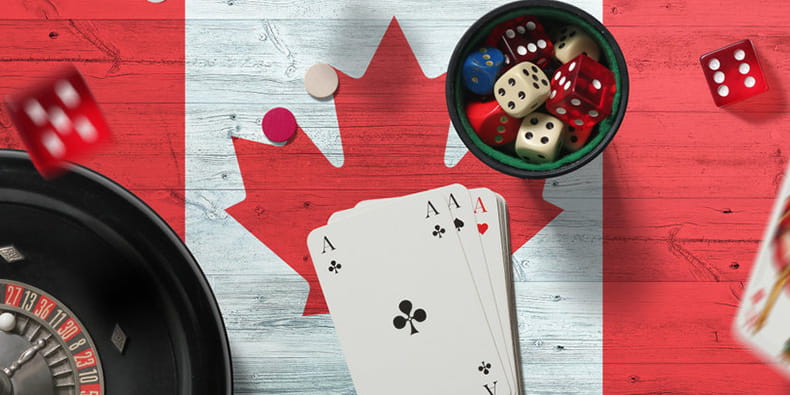 Cards and Chips on a Casino Table with the Canadian Flag in Background