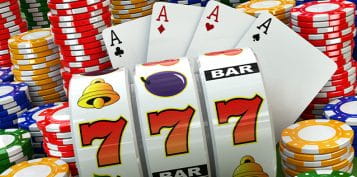 Casino Slot Machine with Jackpot Dice Cards and Chips