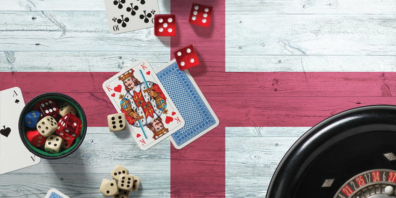 Casino Dice and Cards on the Flag of England Background